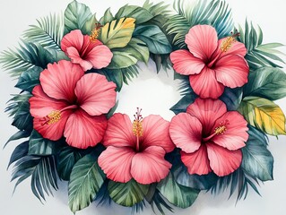 Fototapeta premium Boho tropical wreath clipart adorned with hibiscus 508 flower, floral, pattern, nature, vector, pink, hibiscus, illustration, seamless, leaf, spring, design, flowers, art, beauty, summer, decoration, 