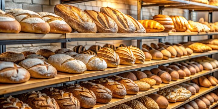 Freshly baked bread displayed at a bakery, bread, bakery, display, assortment, pastries, baked goods, delicious, artisan
