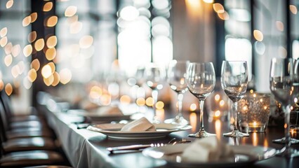 Blurred background of an elegantly set table at a charity gala event.
