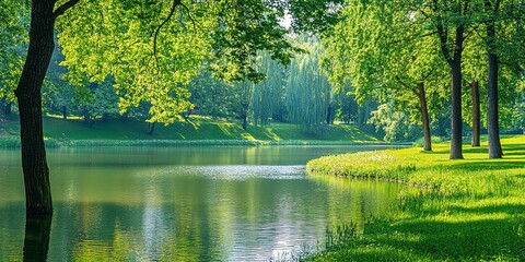 beautiful green park with lake