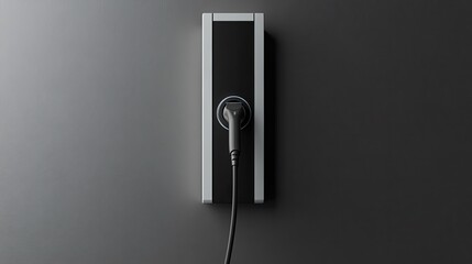 Minimalist image of a modern electric vehicle charging station, shown in close-up against a simple, neutral background.
