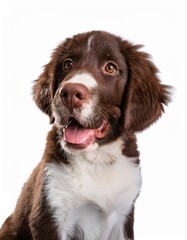 笑顔のラージ・ミュンスターレンダーの子犬のポートレート（Portrait of a smiling Large Munsterlander puppy on white background）

