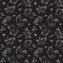 Seamless pattern with hand drawing unicorn isolated on black background. Design for use all of fabric print wrapping paper and others. All over design ready to print.