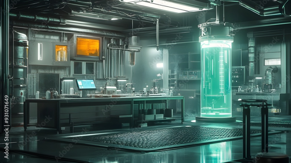 Poster 79. a futuristic lab scene with containment systems for handling and neutralizing toxic substances