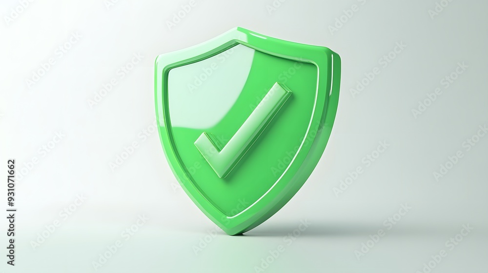 Wall mural cartoon 3d icon safety shield check mark perspective . green symbol security safety icon. checkmark 