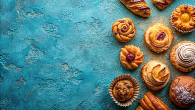 Delicious aromatic pastries on blue textured background, Italian, gressini, breadsticks, bread, baked, tasty, aroma