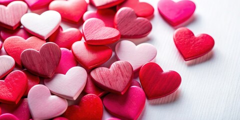 Obraz premium Close up of red and pink Valentine hearts on a white background , love, romance, Valentine's Day, passion