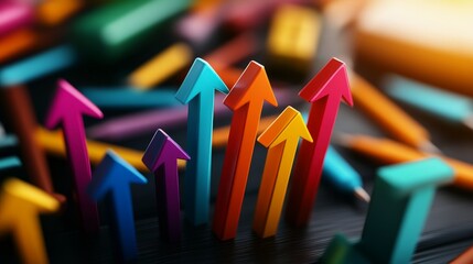 Vibrant arrows ascending, symbolizing positive business trends, surrounded by office equipment