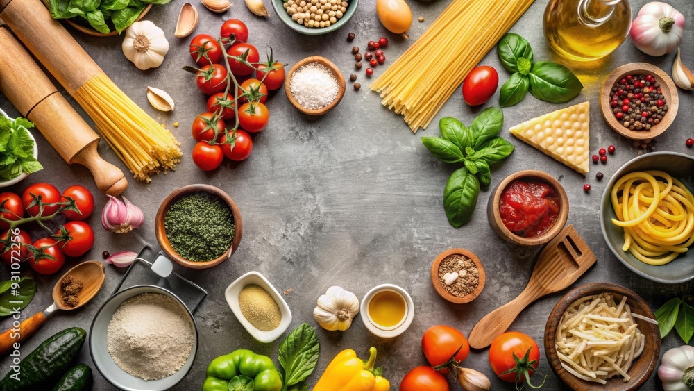 Sticker Flat lay of a kitchen with various food items, kitchen, food, ingredients, cooking, meal prep, healthy, organic