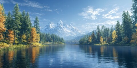 Fototapeta premium A lake surrounded by trees with a mountain in the background