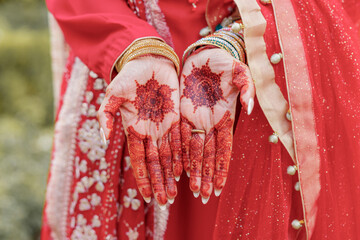 Hands of an Indian bride with a henna pattern. Traditional Indian design on the hand of a bride....