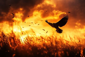 A majestic bird soaring against a vibrant sunset, surrounded by golden grass, representing freedom and tranquility in nature.