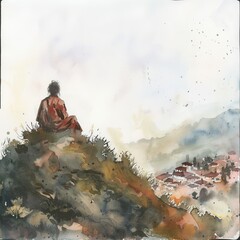 Fototapeta premium Watercolor painting of a thoughtful villager sitting atop a hilltop, gazing out at the scenic vista of the village, on isolated white background