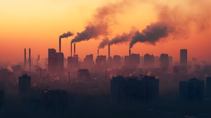 81. A polluted cityscape with toxic smog and industrial pollution obscuring the skyline