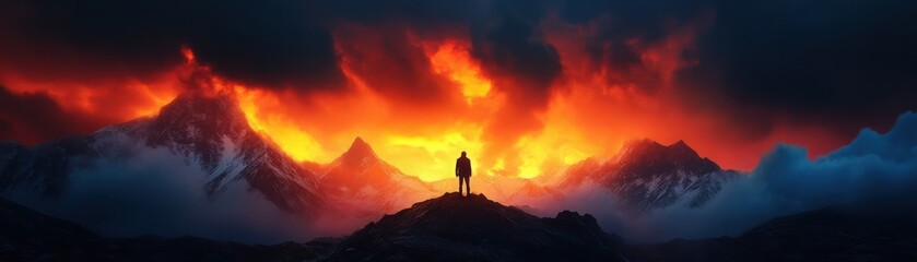 A solitary figure stands against a dramatic sunset over mountains, showcasing nature's beauty and power in a breathtaking landscape.