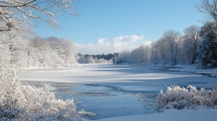 Snowy Winter Landscape with Frozen Lake