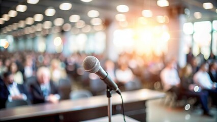 Blurred background of a speaker's podium at a professional conference.

