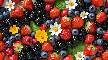Obraz premium Berries including strawberries, blueberries, and blackberries with edible flowers on a white background, high resolution