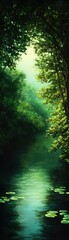 Obraz premium A tranquil scene of a lush green forest reflected in calm water, evoking peace and connection with nature.