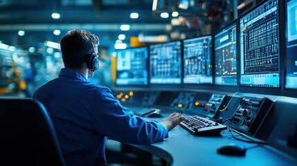 A modern manufacturing plant's control center, with technicians overseeing production.