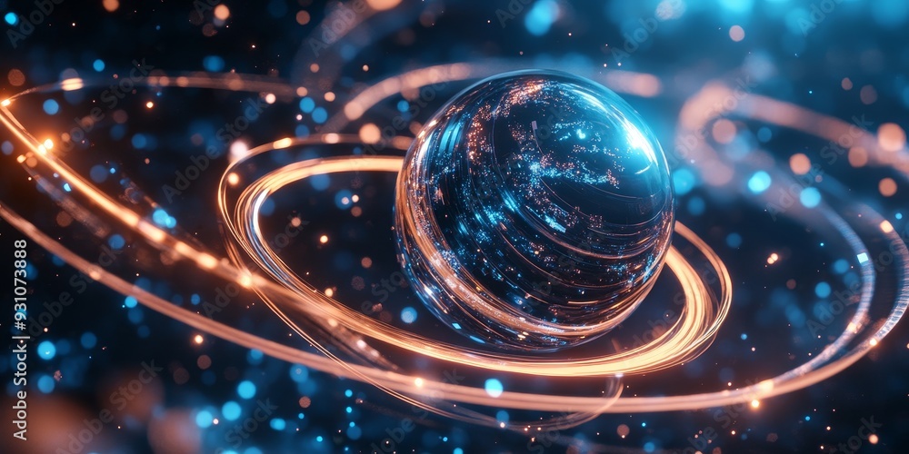 Canvas Prints close-up of a metallic sphere hovering in space, surrounded by holographic rings and neon constellat