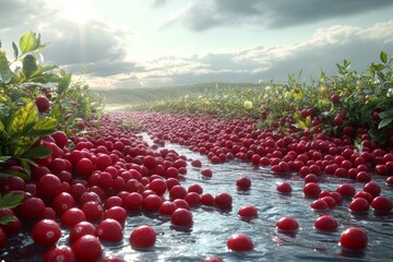 Cranberry bog full of floating ripe cranberries 3D 336 red, fruit, food, berry, ripe, fresh,...