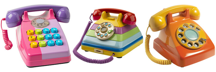 Colorful vintage toy telephones on display. Fun, nostalgia, and childhood memories of communication devices