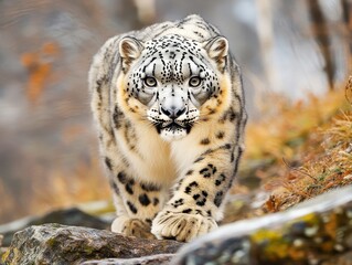 Fototapeta premium A stunning snow leopard prowls gracefully through its natural habitat, showcasing its beautiful fur and intense gaze.
