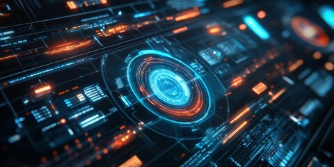 Obraz premium Close-up of a futuristic space interface with holographic controls and glowing data streams, designed for intergalactic navigation