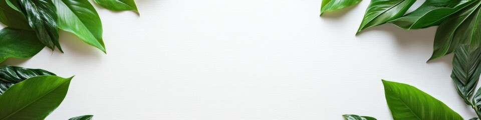 Lush green leaves arranged around a blank white background.