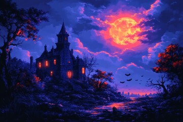 Create a spooky retro Halloween poster with a worm 312 night, moon, sky, house, halloween, star, illustration, landscape, castle, silhouette, dark, city, vector, tree, spooky, architecture, black, lig