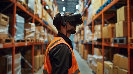 Fototapeta premium warehouse worker wears a VR headset as he works in a large warehouse full of shelves and boxes. The man is utilizing technology for work.