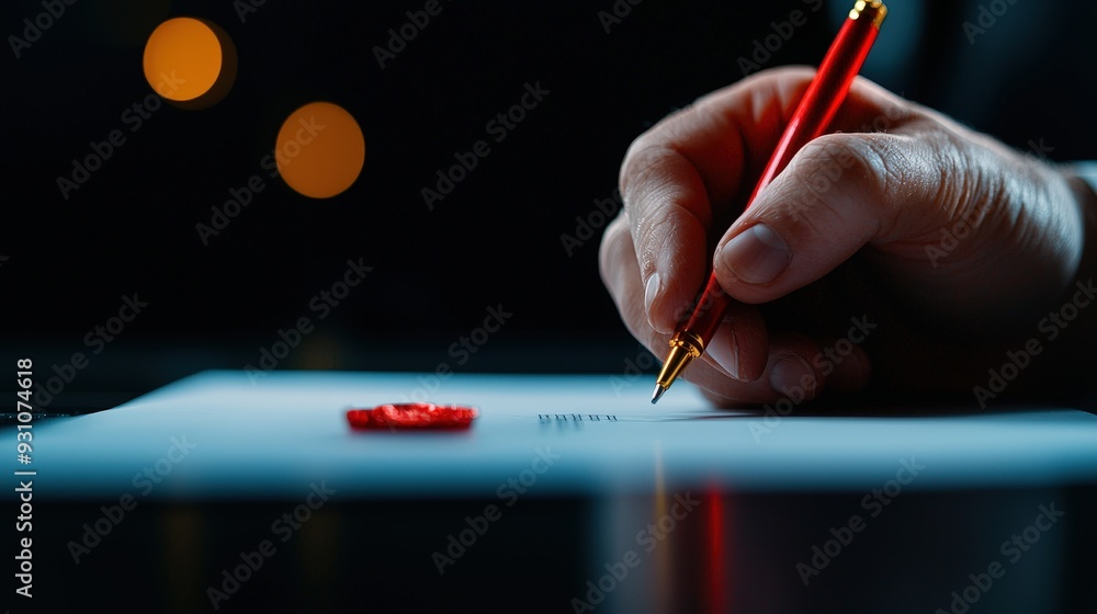 Poster an image of a dictator signing a paper by hand with a red authoritarian seal in close-up