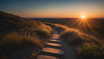 A serene sunset over a rural landscape with mountains, a winding road, and a field bathed in warm summer light
