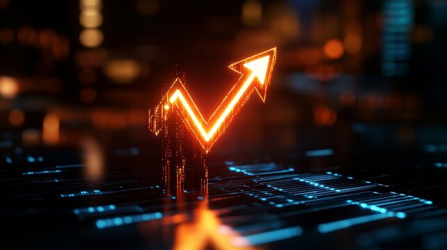 Arrows showing business growth, high-tech office background, 3D illustration