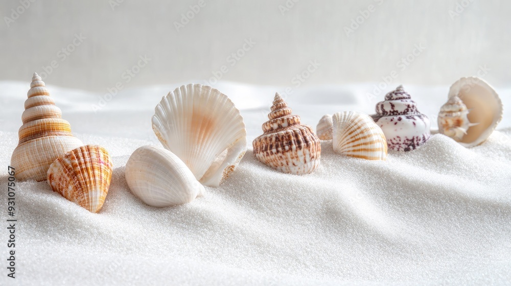 Poster simple and elegant display of a seashell collection on white sand, with a clean, minimalistic backgr