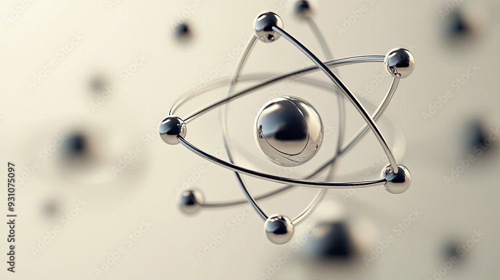 Poster simple and elegant visualization of atoms with precise electron orbits, set against a neutral backdr