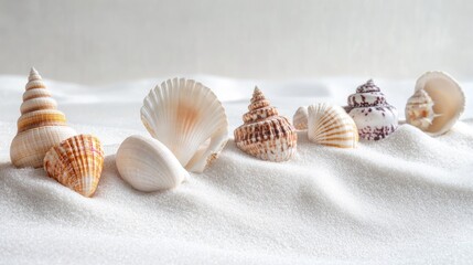 Simple and elegant display of a seashell collection on white sand, with a clean, minimalistic background for a natural, serene look.
