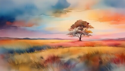 夕暮れ時の草原の風景イラスト、一本の木