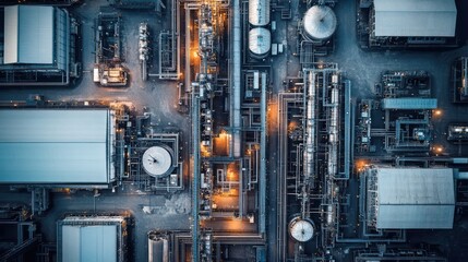 Fototapeta premium Aerial view of a large manufacturing complex with interconnected buildings and machinery.