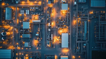 Fototapeta premium Aerial view of a large manufacturing complex with interconnected buildings and machinery.