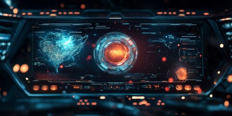 Obraz premium Detailed view of a space UI panel with touch-sensitive holographic buttons, star maps, and orbit tracking systems in a sleek, modern design