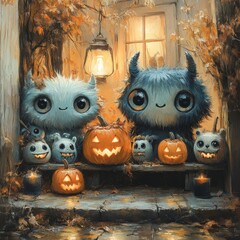 Design an adorable monster costume party in a Hall 244 halloween, pumpkin, autumn, cat, illustration, vector, holiday, bat, horror, witch, spooky, cartoon, art, scary, black, hat, orange, ghost, moon,