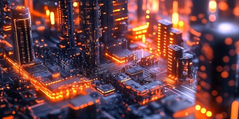 Fototapeta premium Close-up of a futuristic cityscape with glowing towers, advanced energy grids, and dynamic, AI-driven public spaces
