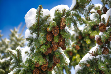 Snow-dusted spruce tree branch with pine cones