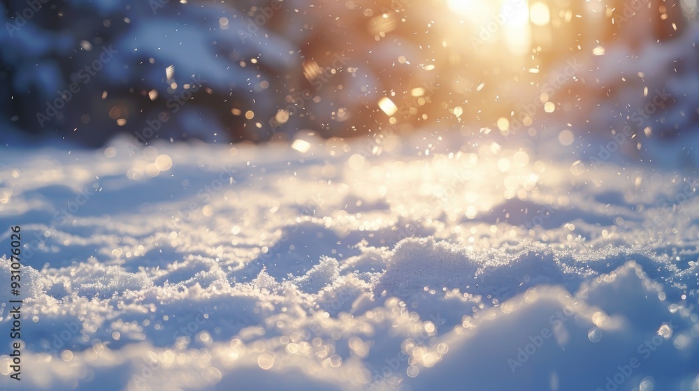 Poster white snow shining in sunlight with shallow depth of field