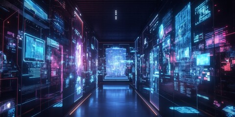 Fototapeta premium Futuristic VR interface showcasing immersive architectural environments, glowing holograms, and advanced digital experiences