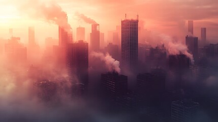 73. An eerie cityscape with a toxic fog rolling in from an industrial area
