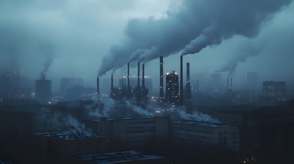 73. An eerie cityscape with a toxic fog rolling in from an industrial area