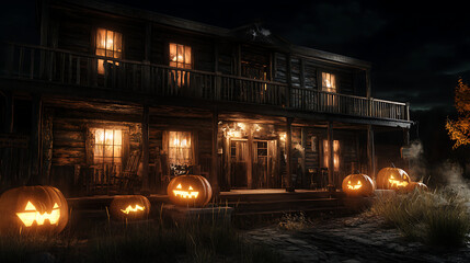 Obraz premium A vintage Wild West saloon with cobwebs and pumpkins decorating the porch, glowing in the dim light 